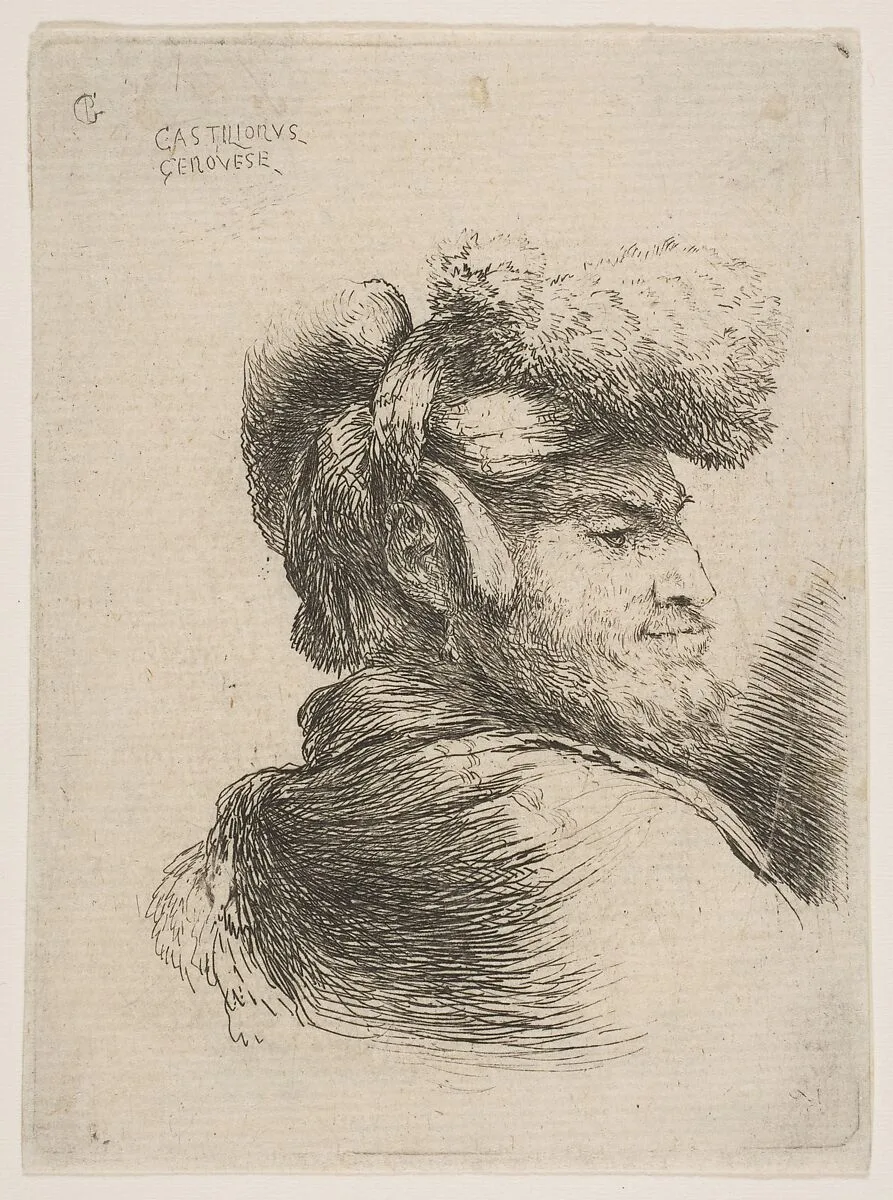 Man in profile facing right, wearing a fur hat, from "Small Heads in Oriental Headdress" — Giovanni Benedetto Castiglione (Il Grechetto)