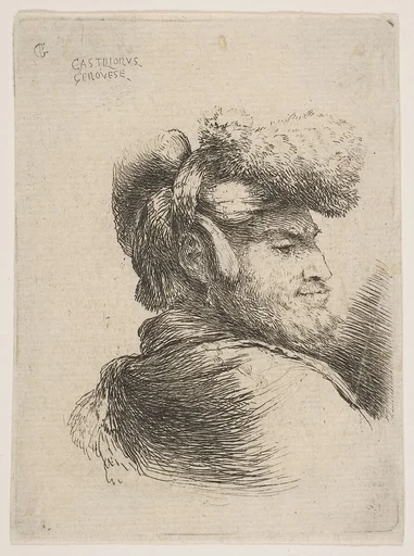 Man in profile facing right, wearing a fur hat, from "Small Heads in Oriental Headdress"