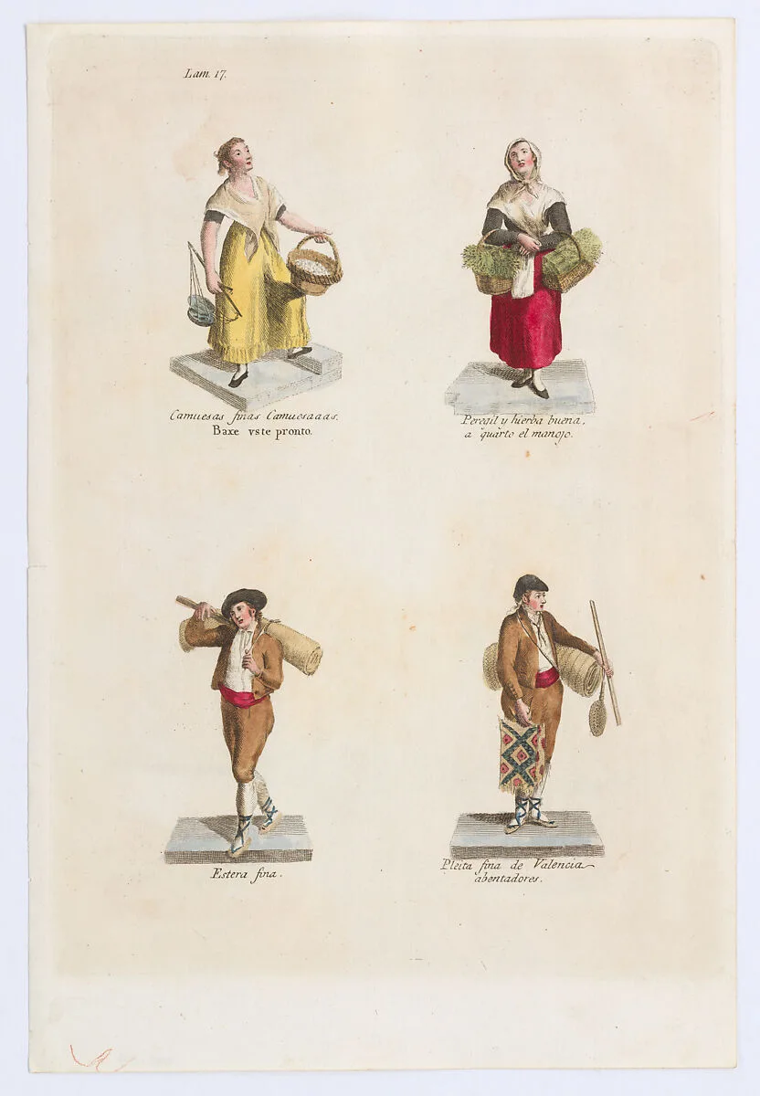 Plate 17: four street vendors from Madrid selling parsley, mats etc, from 'Los Gritos de Madrid' (The Cries of Madrid) — Miguel Gamborino
