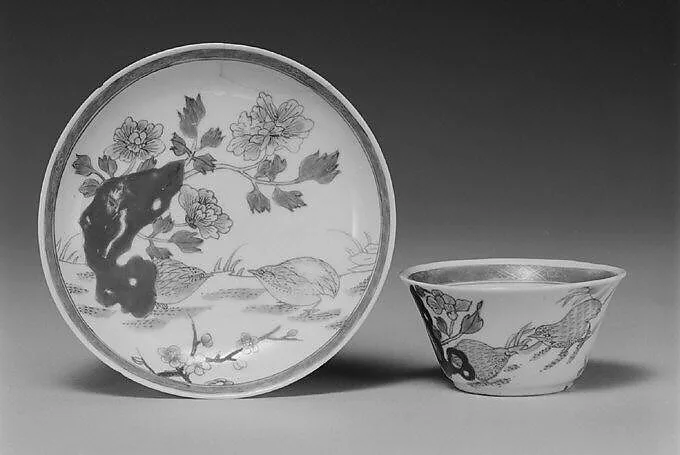 Teabowl and saucer with quail and peonies — Unknown