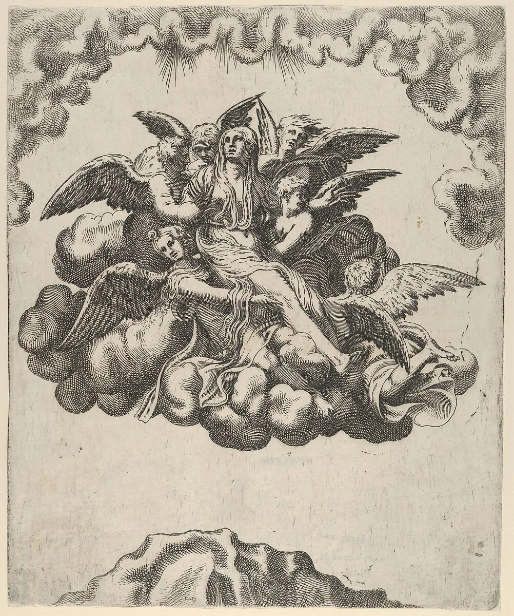 Mary Magdalene Carried to Heaven — Léon Davent|Giulio Romano