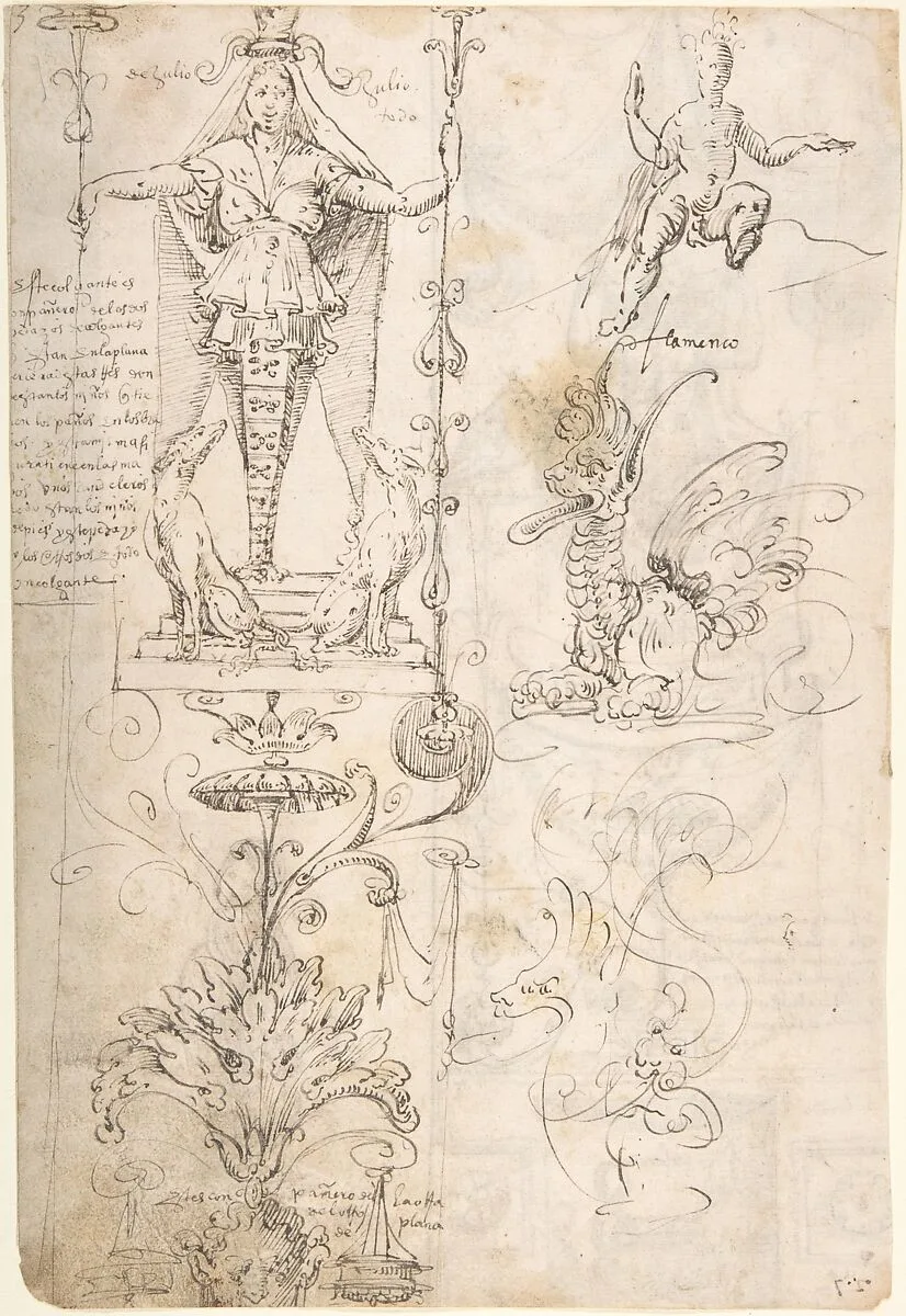 Female Term, seated figure, and fantastical creature (recto); Satyr and study of a woman and child (verso) — Andrés de Melgar