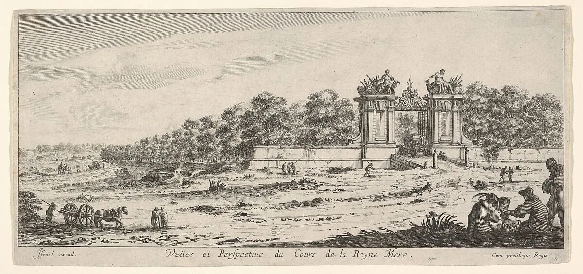 View of the gate of the residence of the Queen Mother, from the series 'Views and new perspectives, drawn from the most beautiful places of Paris and environs' (Veües et perspectives nouvelles, tirées sur les plus beaux lieux de Paris et des environs) — Claude Goyrand|Israël Henriet
