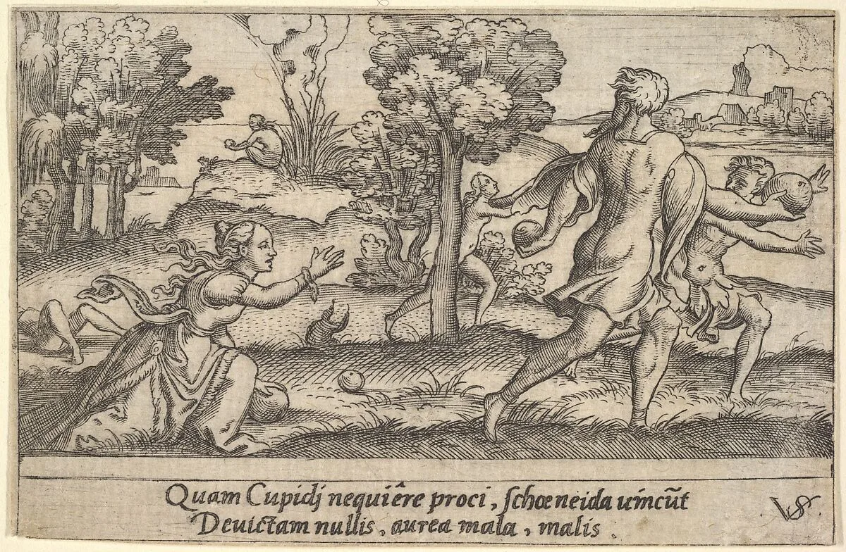 Atalanta and Hippomemes, in the foreground Atalanta kneeling to pick up an apple and Hippomemes running with an apple in either hand, in the landscape background Atalanta running, from a series of four mythological scenes — Virgil Solis