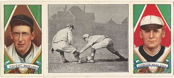"Knight Catches a Runner," with Walter Johnson and Jack Knight, from the series Hassan Triple Folders (T202) — Hassan Cigarettes