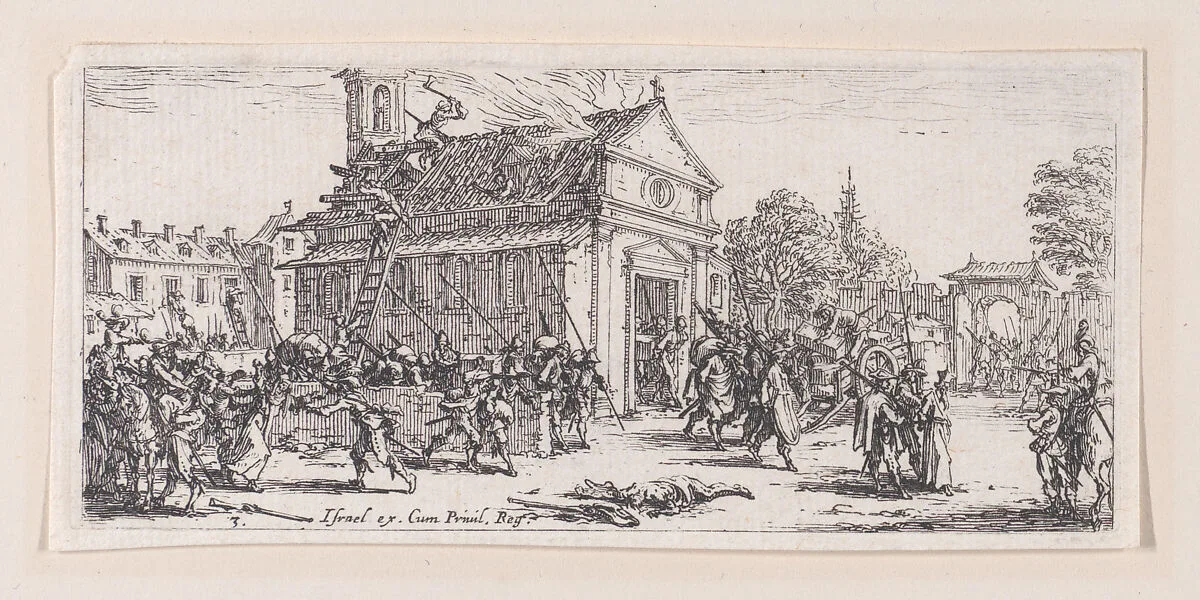 Dévastation d'un Monastère (Devastation of a Monastery), from Les Petites Misères de la Guerre (The Little Miseries of War), plate 3 — Jacques Callot|Israël Henriet