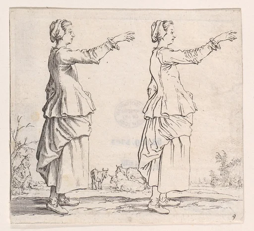 La Paysanne Torunée a Droite, la Main Tendue en Avant (The Peasant Woman Turned to the Right, her Hand Extended Forward), from Varie Figure (Various Figures), plate 9