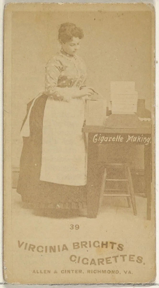 Card 39, from the series, Cigarette Making Girls (N46) for Virginia Brights Cigarettes — Allen & Ginter