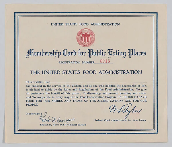 Membership card for public eating places — United States Food Administration