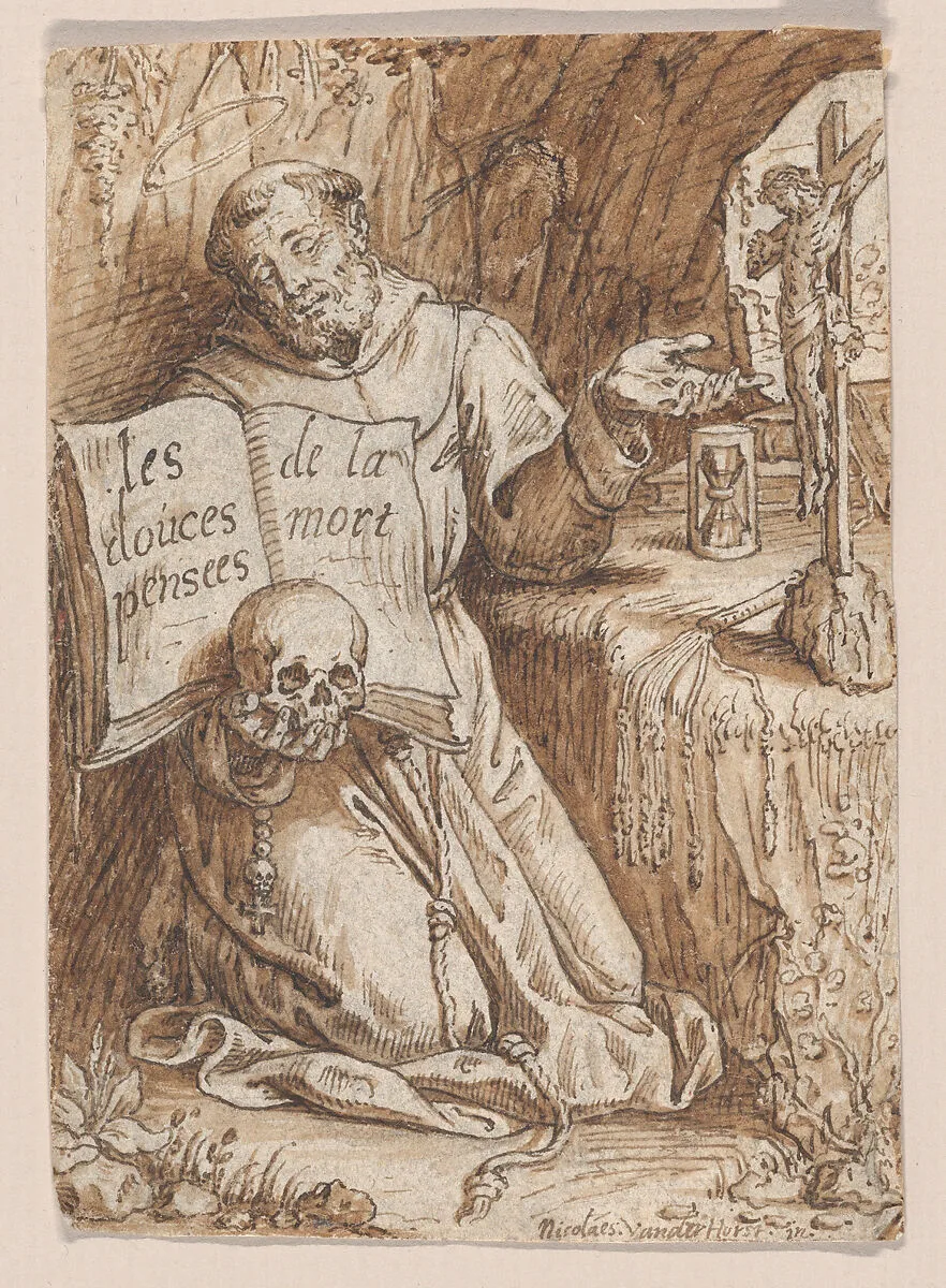 Saint Francis Kneeling in a Grotto, holding a Book and a Skull — Nicolaas van der Horst
