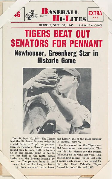 Tigers Beat out Senators #46 from Nu-Card Baseball Hi-Lites series (W460) — Nu-Card, Inc.