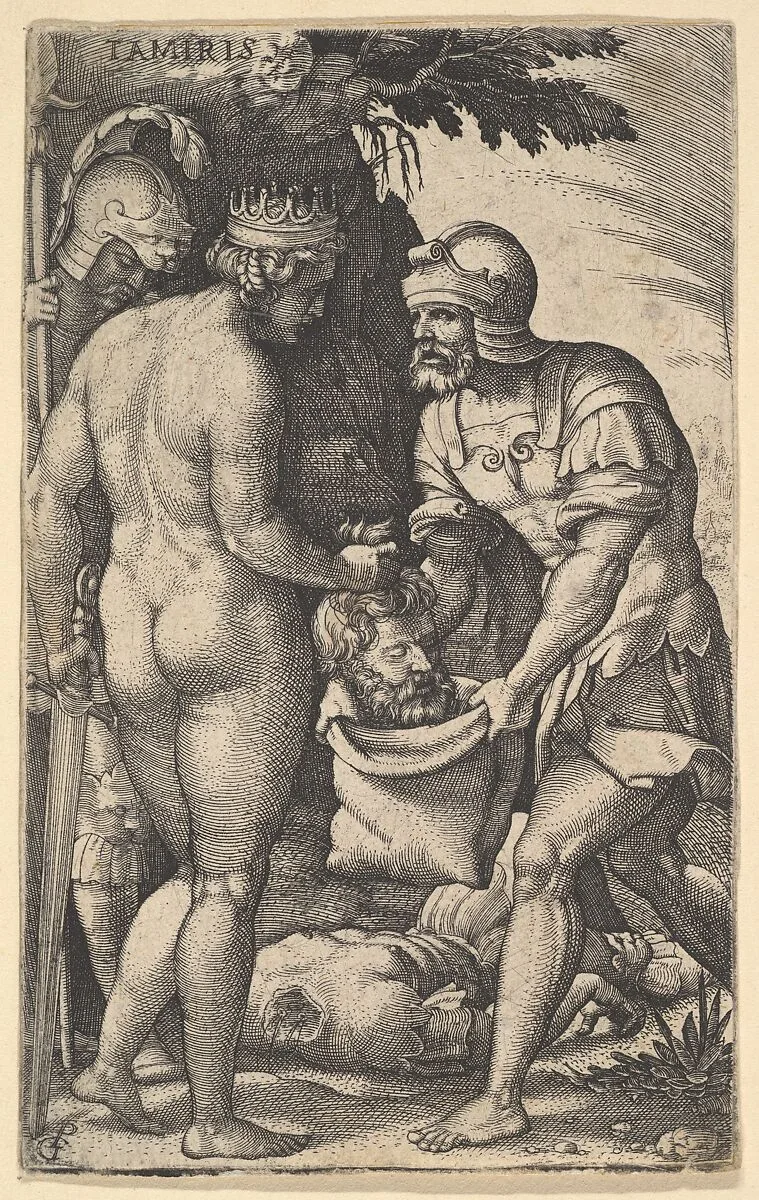 Tomyris, shown nude from behind, placing the head of Cyrus into a sack held by a soldier, the decapitated body of Cyrus on the ground at her feet, from a series of four mythological scenes — Georg Pencz