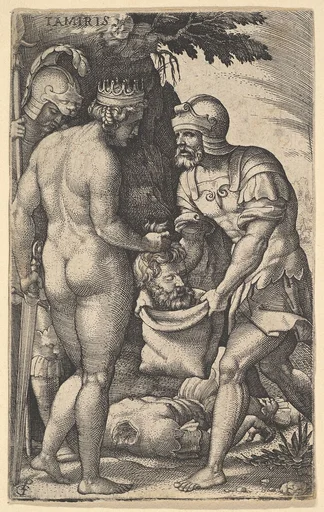 Tomyris, shown nude from behind, placing the head of Cyrus into a sack held by a soldier, the decapitated body of Cyrus on the ground at her feet, from a series of four mythological scenes