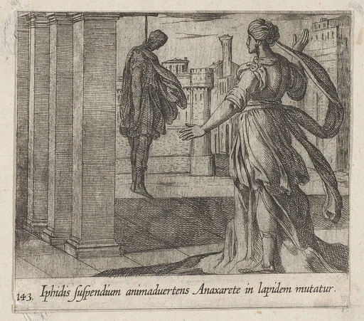 Plate 143: Anaxarete Seeing the Dead Iphis (Iphidis suspendium animaduertens Anaxarete in lapidem mutatur), from Ovid's 'Metamorphoses'