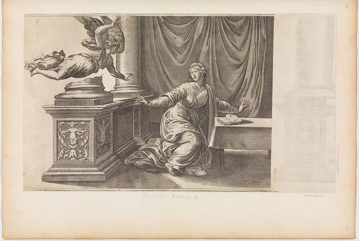 The Annunciation with Flying Angel — Enea Vico|Titian (Tiziano Vecellio)
