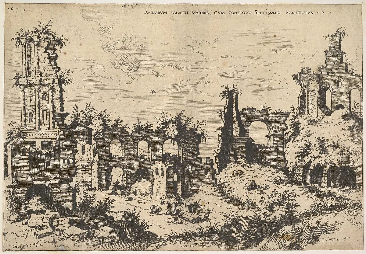 View of ruins on the Palatine Hill with trabeated facade at left and arcades at center, from the series 'The Ruins of Rome' (Praecipua aliquot Romanae antiquitatis ruinarum monimenta, vivis prospectibus) — Hieronymus Cock
