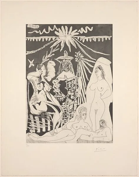 An Elongated Man with Two Women Telling Tales of an Old Clown and a Young Girl, from 347 Suite — Pablo Picasso|Aldo and Piero Crommelynck|Galerie Louise Leiris