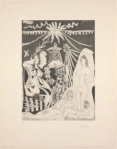 An Elongated Man with Two Women Telling Tales of an Old Clown and a Young Girl, from 347 Suite