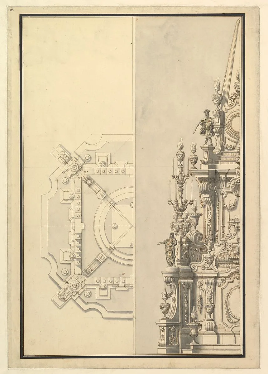 Half Plan and Half Elevation for a Catafalque for Margarita Louisa, Gran Duchess of Tuscany (d. 1721) — Giuseppe Galli Bibiena