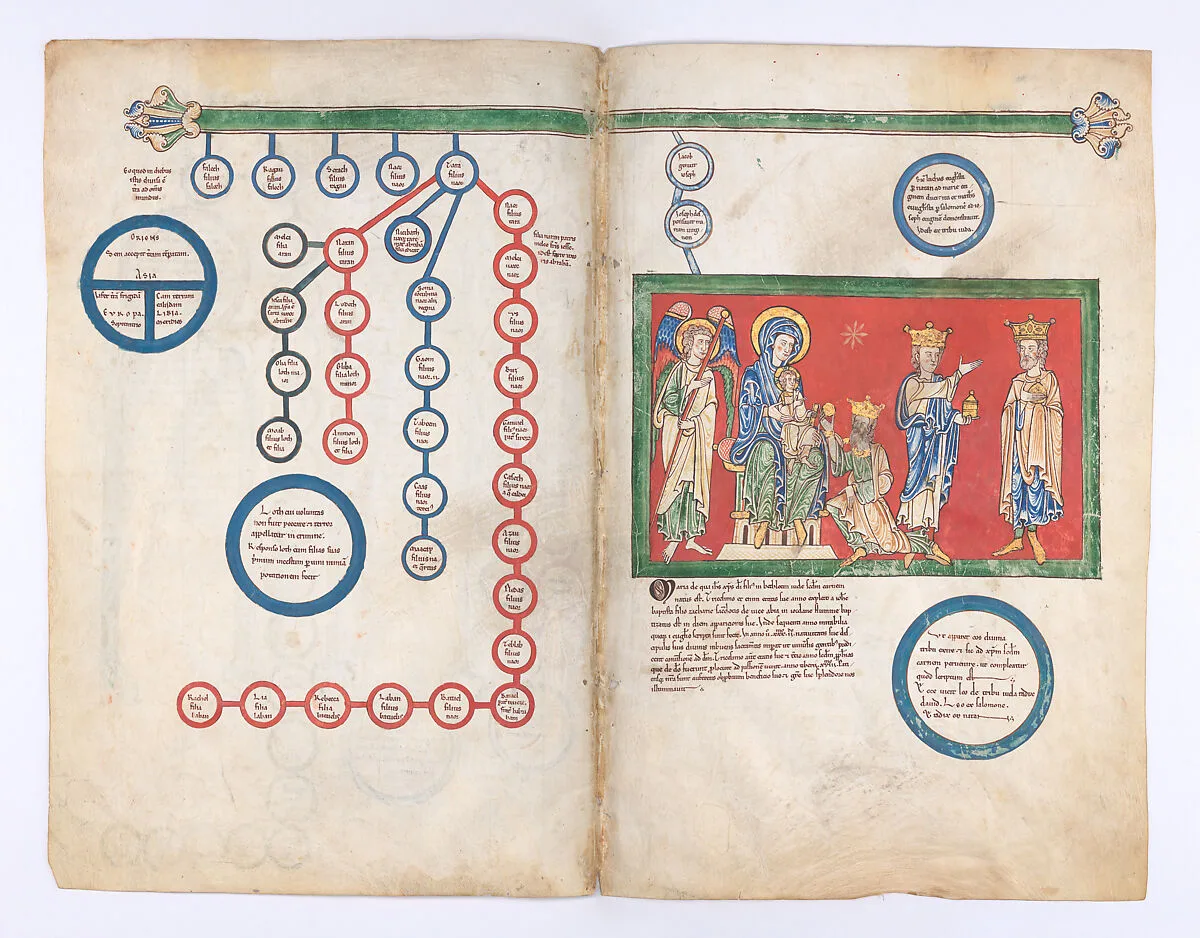 Leaves from a Beatus Manuscript: Bifolium with part of the Genealogy of Christ and the Adoration of the Magi — Unknown