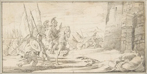 Illustration for a Book: Troops Advancing toward a City Gate