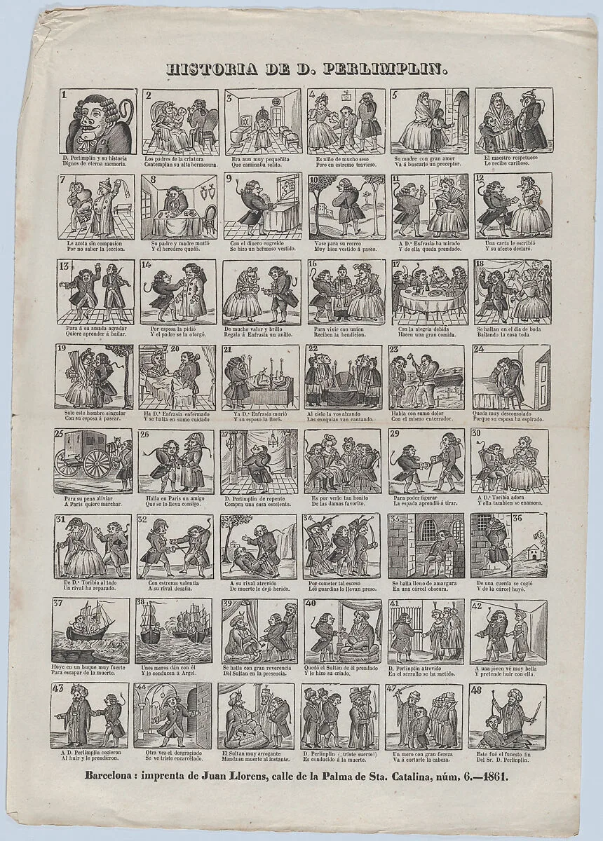 Broadside with 48 scenes relating to the story of Don Perlimplin — Juan Llorens