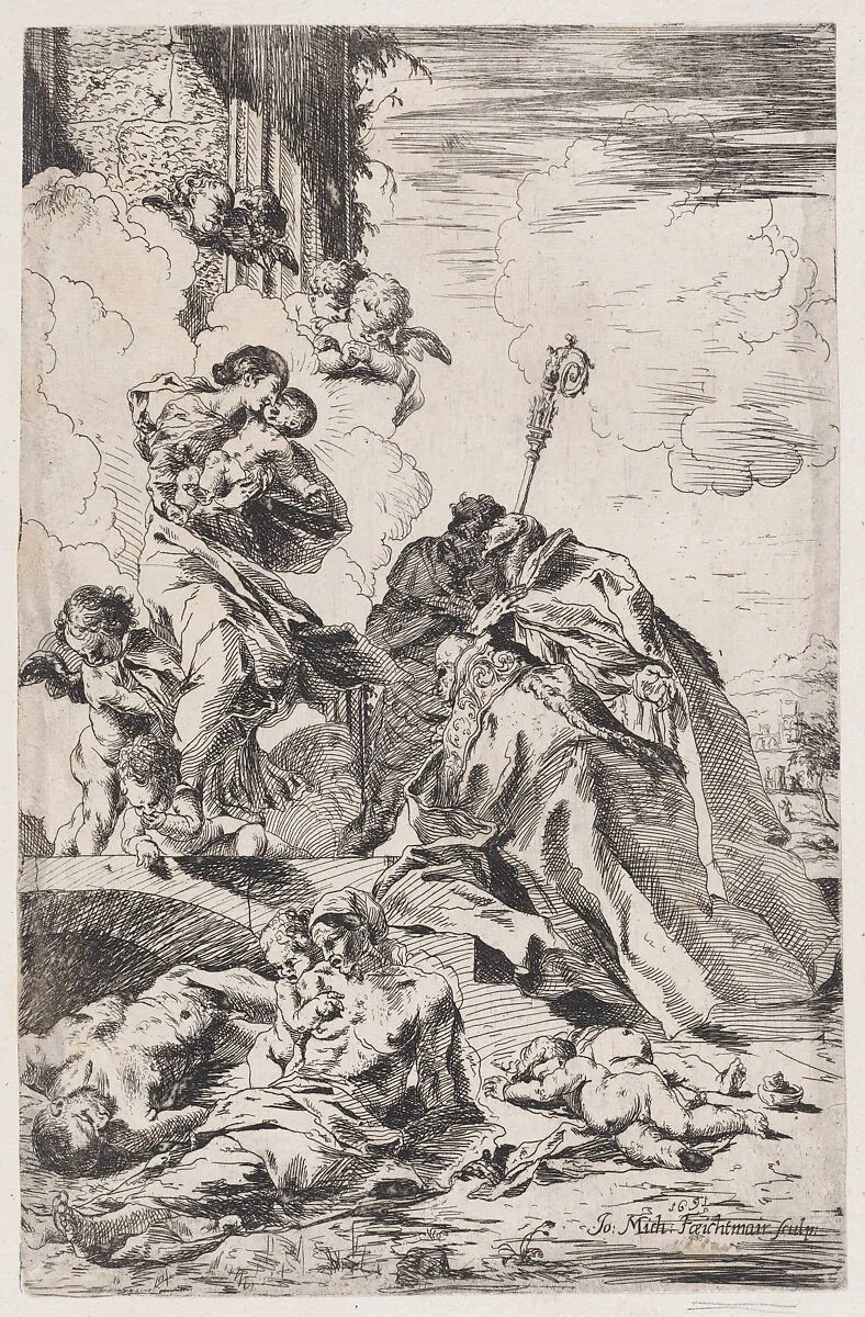Three Lucchese saints Sts Nicholas Tolentino, Nicholas of Bari interceding with the Virgin for the victims of the plague — Pietro Testa|Johann Michael Feichtmayr the Elder