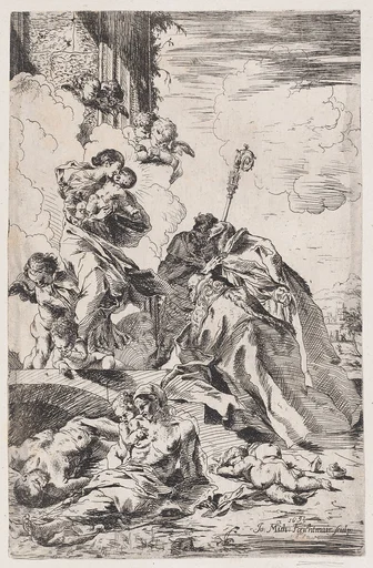 Three Lucchese saints Sts Nicholas Tolentino, Nicholas of Bari interceding with the Virgin for the victims of the plague