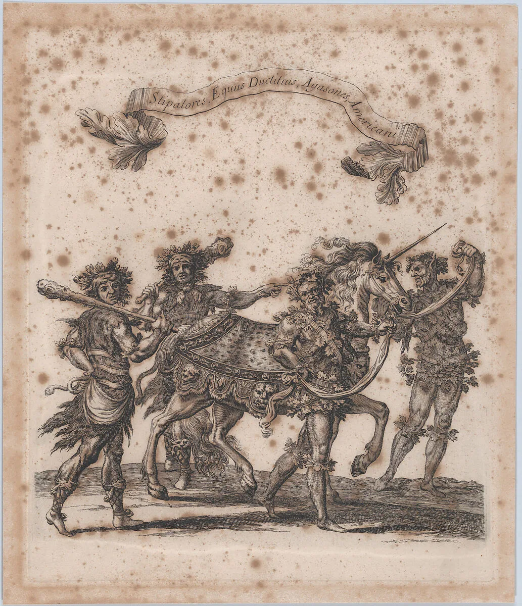 Stipatores, Equus Ductitius, Agasones, Americani, from 'Courses de Testes et de Bagues Faittes par Roy et par les Princes et Signeurs de sa Cour, en l'annee 1662' (Grand Carrousel) — François Chauveau|Charles Perrault|Israel Silvestre