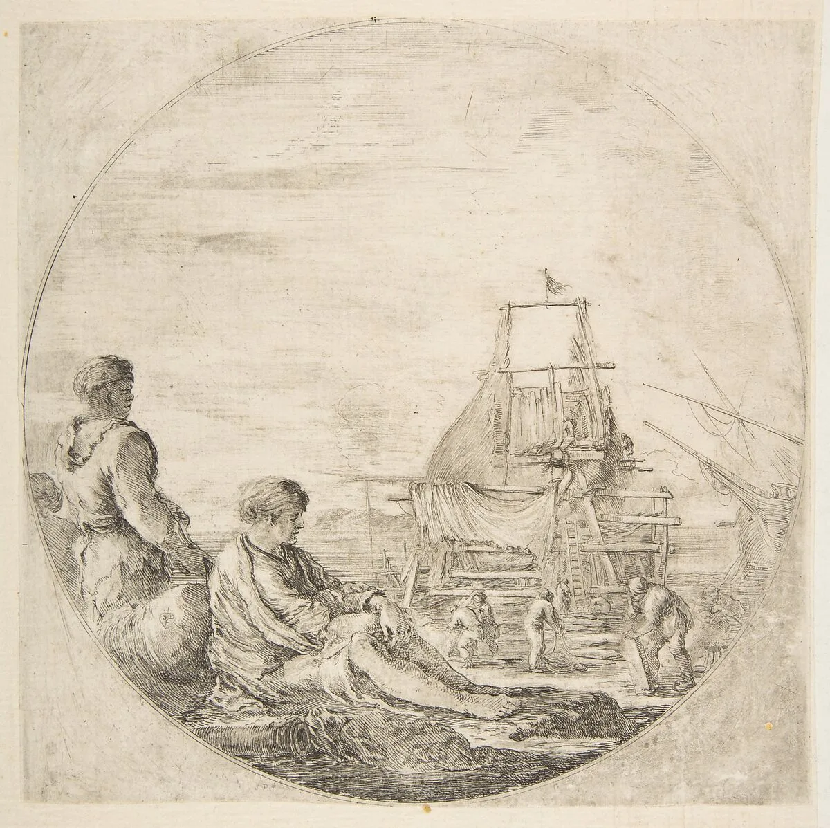 A seated white sailor and a standing black sailor, people building a ship in the background, a circular composition — Stefano della Bella