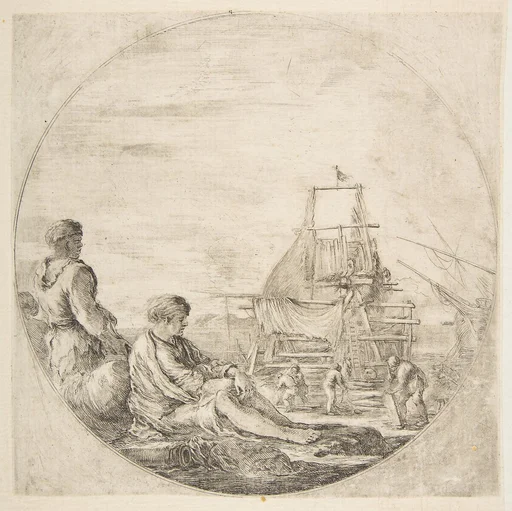 A seated white sailor and a standing black sailor, people building a ship in the background, a circular composition