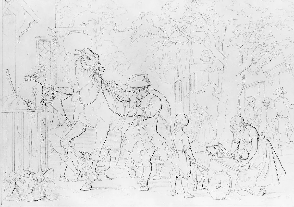 Illustration to William Cowper's Poem "The Diverting History of John Gilpin": John Gilpin Is Delayed Going to Church by Three Customers Entering His Linendraper's Shop — John Whetten Ehninger