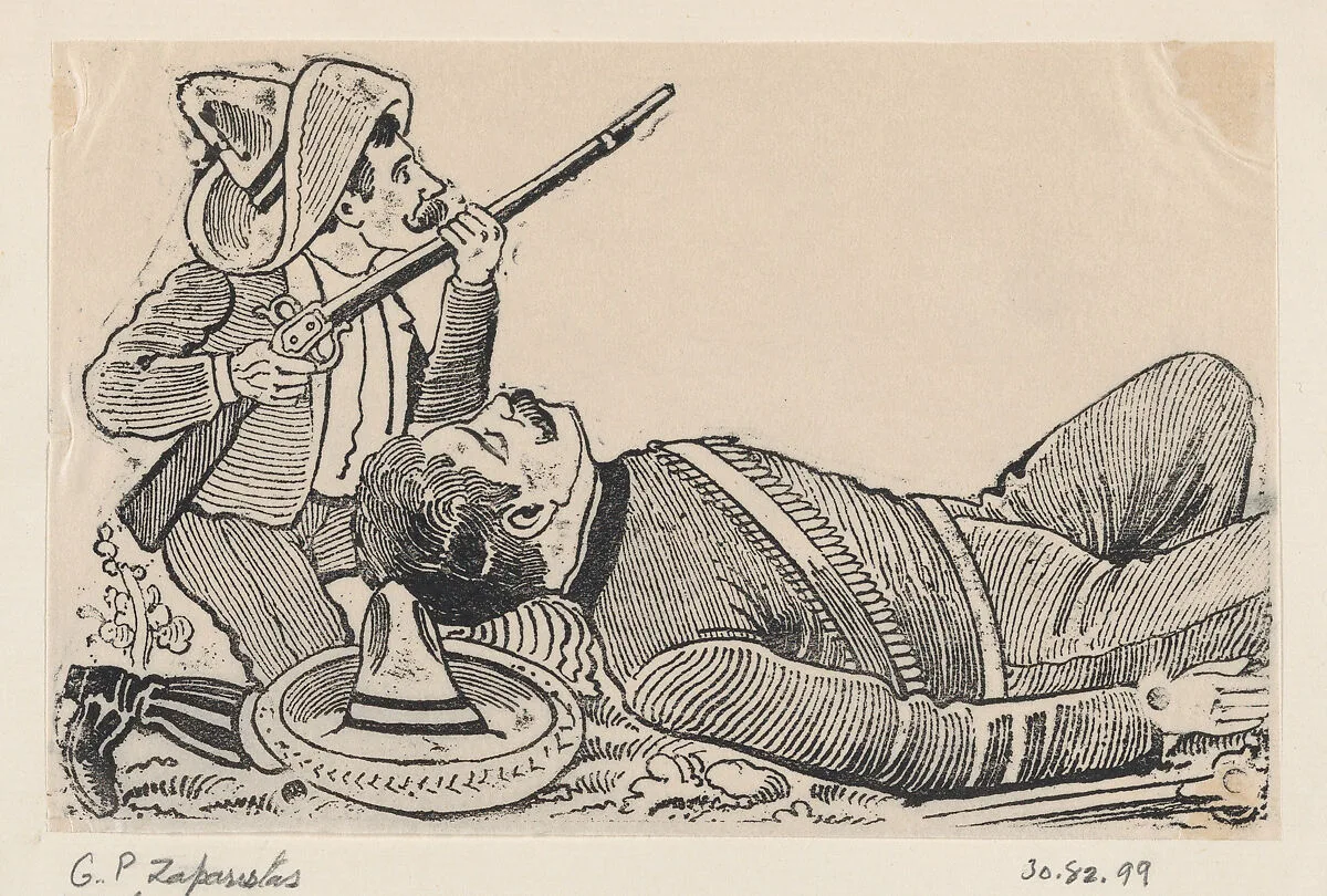 A revolutionary holding a rifle and kneeling to protect a fallen revolutionary — José Guadalupe Posada