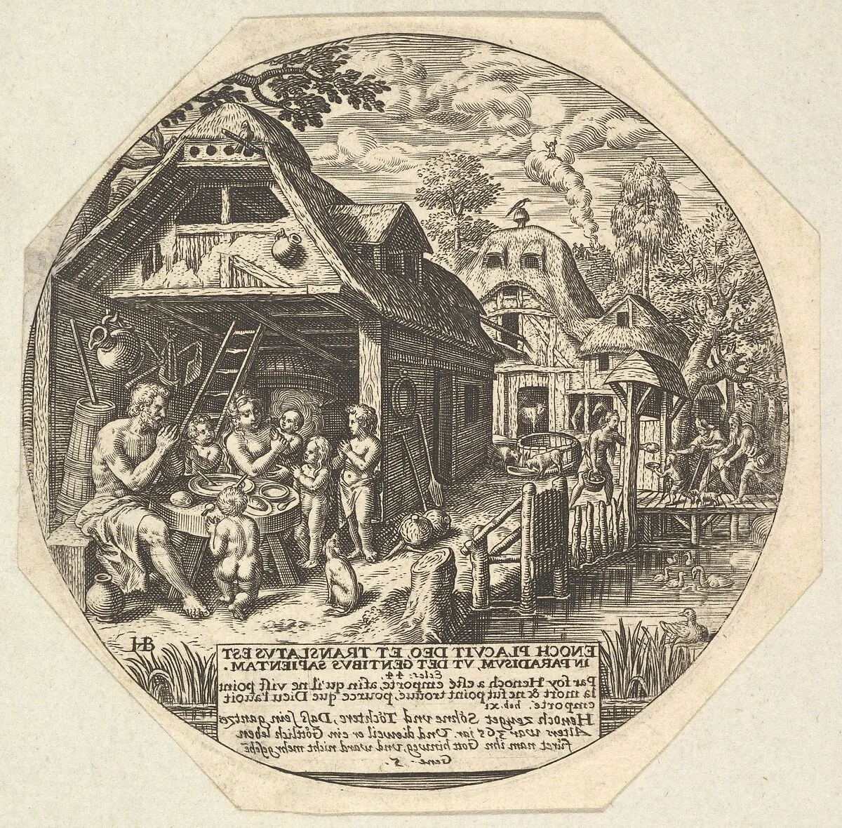 Enoch and his family surrounding a meal table and holding their hands in a gesture of prayer; behind them is the open end of house; to the right a woman hands out bread to a child, young man, and old man — Gillis Mostaert the Elder|Johann Theodor de Bry