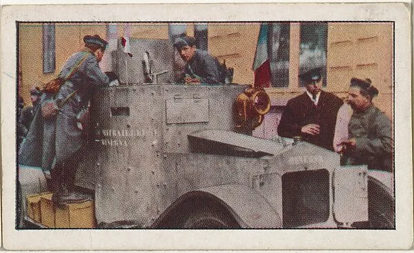 Card No. 147, French Marines Examining One of the Belgian Armored Motor Cars Which Have Been Taken From Belgium to France, from the World War I Scenes series (T121) issued by Sweet Caporal Cigarettes — American Tobacco Company|Underwood & Underwood