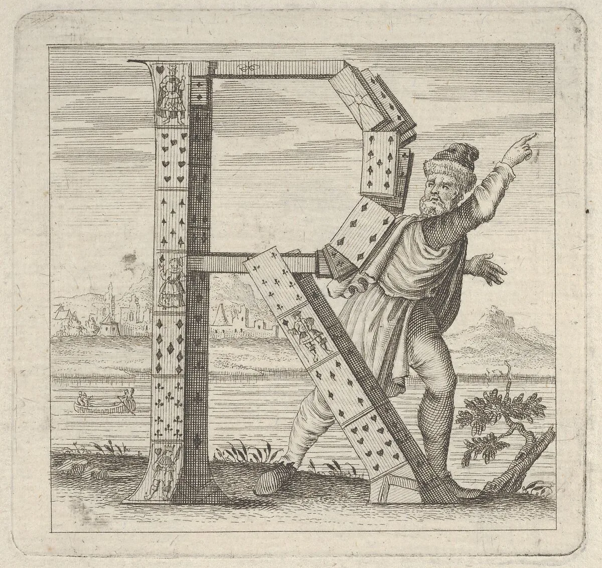 The letter R, constructed from a court pack of playing cards, stands on a riva (river bank) — Anonymous, Italian, Bolognese 18th century artist