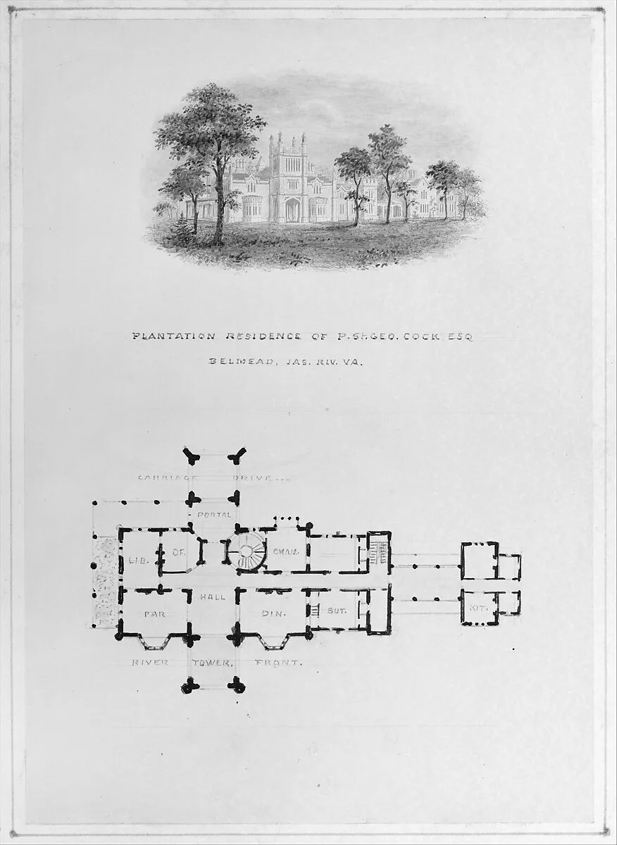 Belmead, James River, Virginia (vignette of riverside elevation and plan) — Alexander Jackson Davis