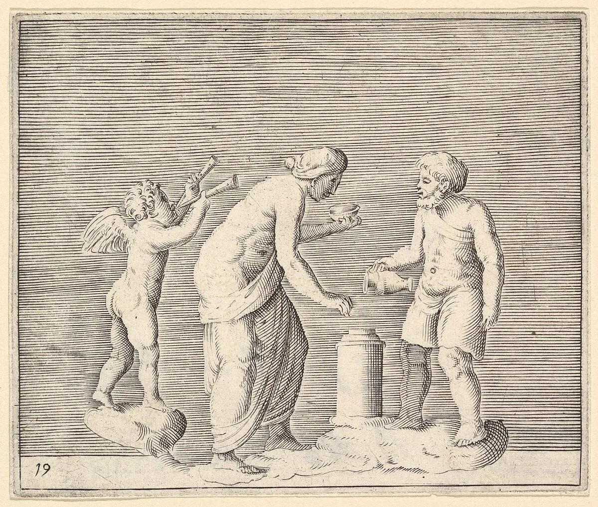 A Woman and Man Sacrificing in the Presence of Cupid, from "Ex Antiquis Cameorum et Gemmae Delineata/ Liber Secundus/et ab Enea Vico Parmen Incis" — Francesco Angeloni|Battista Franco|Philippe Thomassin|Enea Vico|Anonymous, Italian, 16th century