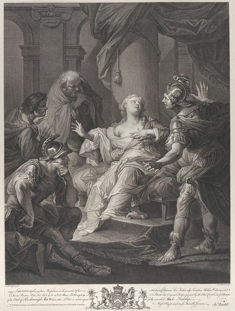 Lucretia deploring her misfortune to her husband Collatinus, her father, Publius Valerius, and Junius Brutus — Simon Francis Ravenet, the elder|Andrea Casali|John Boydell