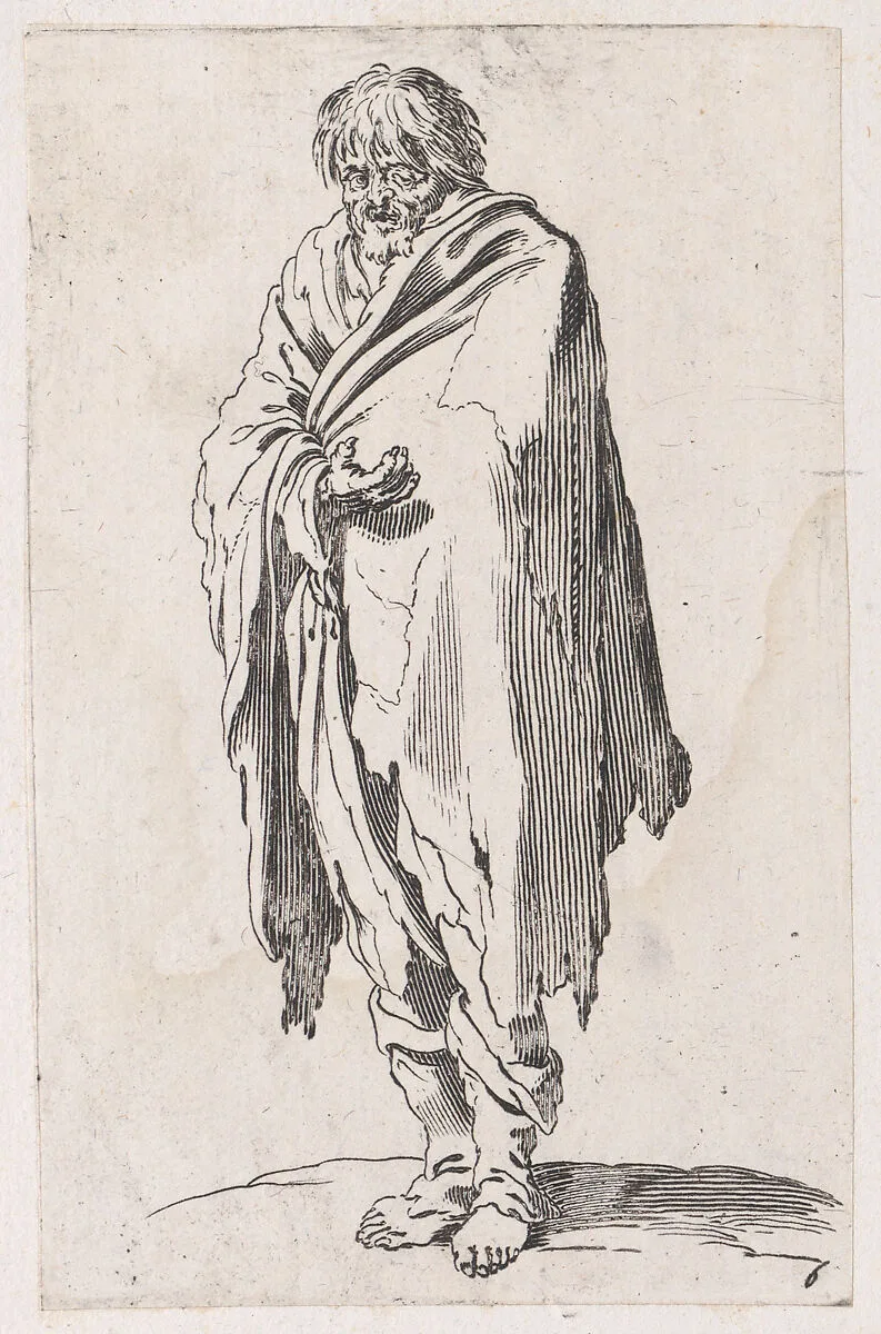 Reverse Copy of Le Mendiant a la Tête Découverte et aux Pieds Nus (The Beggar with Bare Head and Feet), from Les Gueux suite appelée aussi Les Mendiants, Les Baroni, ou Les Barons (The Beggars, also called the Barons) — Jacques Callot|Anonymous