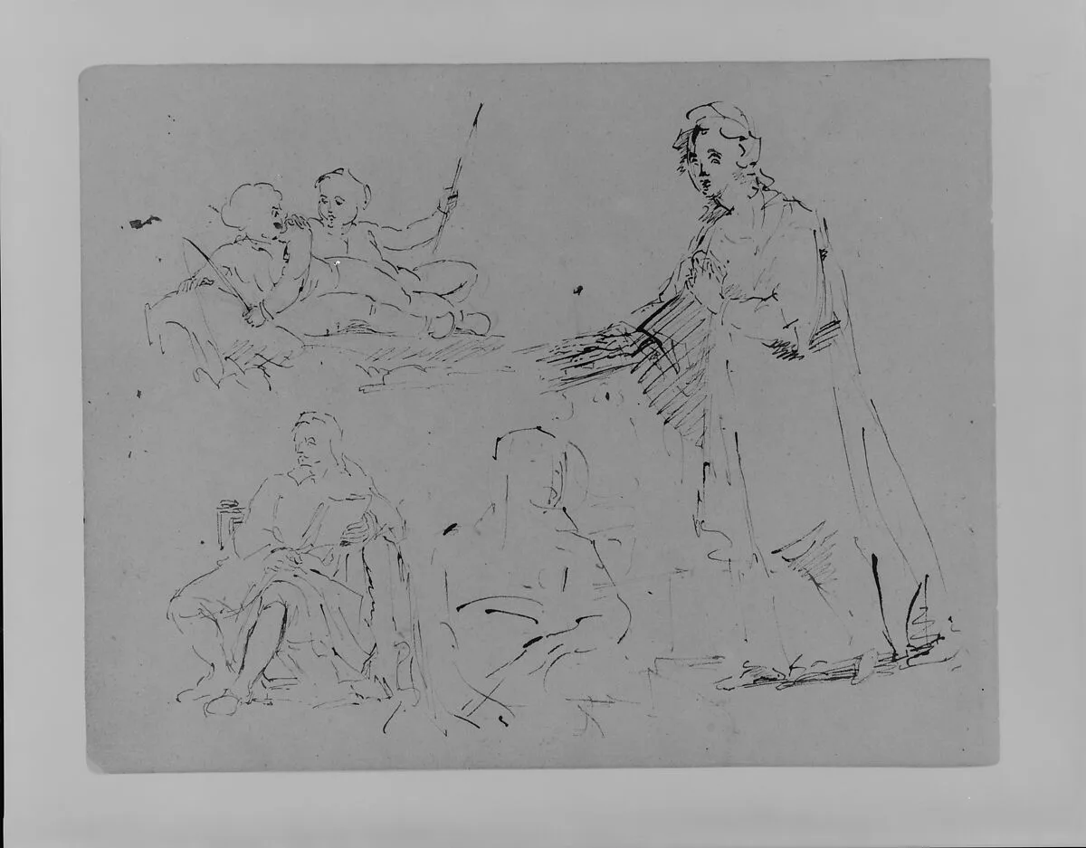 Five Figure Sketches: A Woman Descending a Staircase; Two Children Fishing; Male Seated; Woman Seated (from Sketchbook) — Thomas Sully