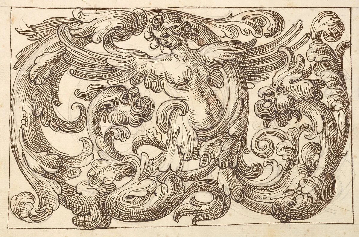 Horizontal Panel Design with a Female Figure and Two Fantastical Creatures Interspersed between Acanthus Rinceaux — Polifilo Giancarli|Anonymous, Italian, Venetian, 17th century