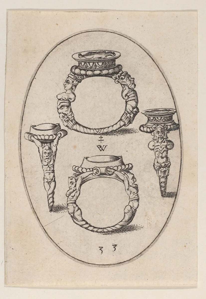 Designs for Four Rings, Plate 33 from 'Livre d'Aneaux d'Orfevrerie' — Pierre Woeiriot de Bouzey II