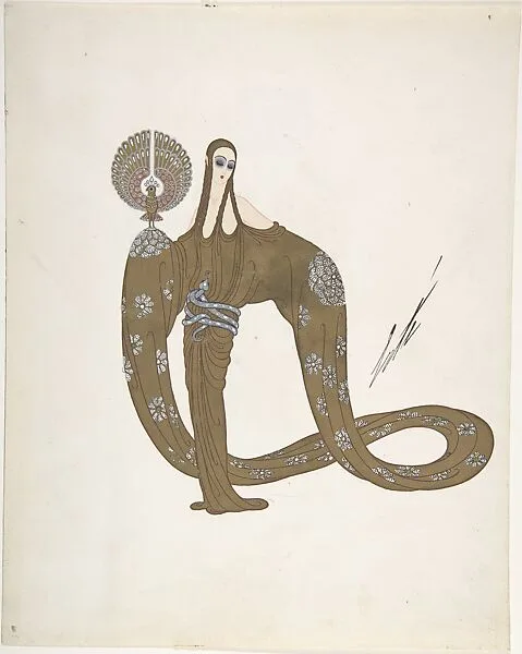 "Le Bien-Erté" Gold Costume Design with Beaded Flowers and Silver Belt for "L'Or," Ziegfield Follies — Erté (Romain de Tirtoff)