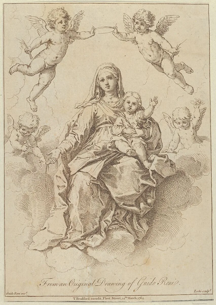 The Virgin seated in the clouds with the infant Christ, surrounded by putti, after a drawing by Reni — Guido Reni|Giuseppe Zocchi|Thomas Bradford