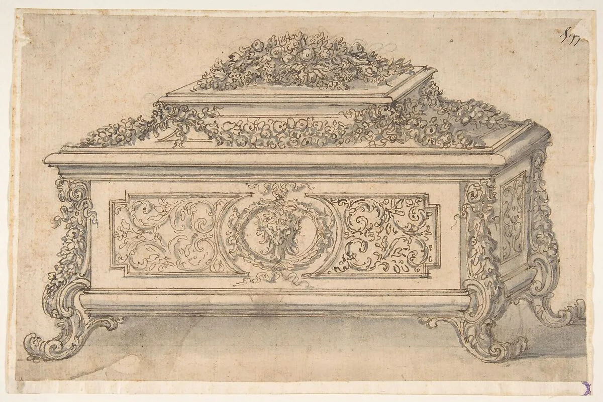 Design for an Casket heavily decorated Foliate Scrolls, Garlands and a Satyr Mask — Giovanni Battista Foggini