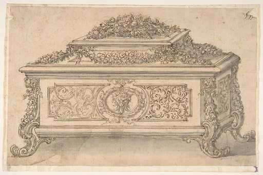 Design for an Casket heavily decorated Foliate Scrolls, Garlands and a Satyr Mask