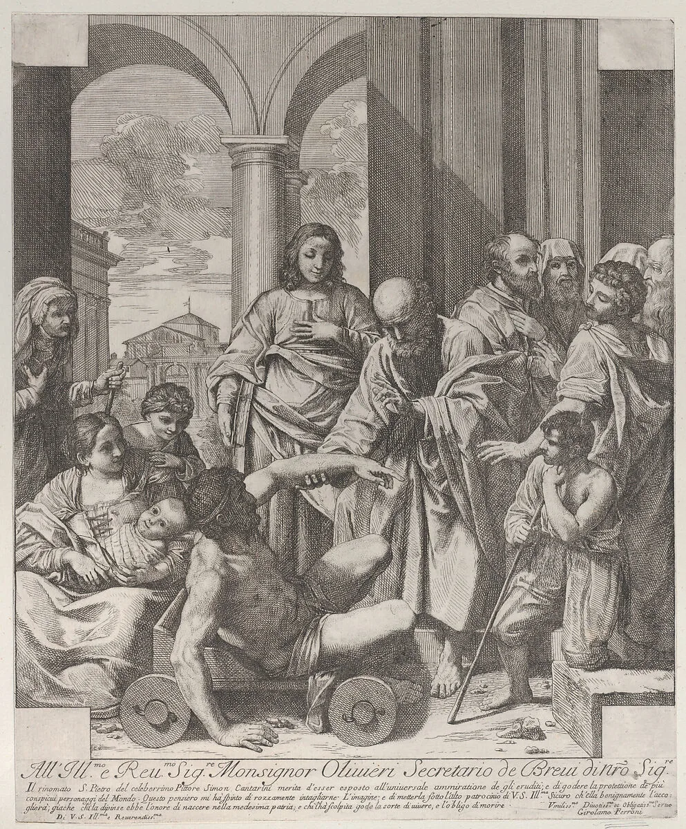 Saints Peter and John healing the sick at the gate of the temple — Simone Cantarini|Hieronymus Ferroni