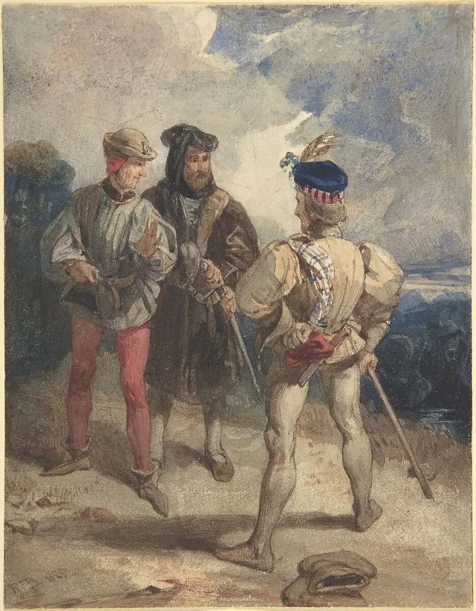 Quentin Durward and the Disguised Louis XI (recto); Study of male figure (verso) — Richard Parkes Bonington