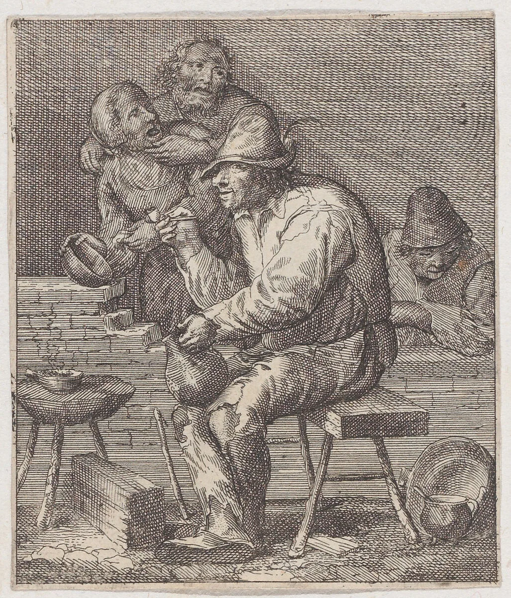 Rustic interior with a peasant seated on bench at center holding a jug and a pipe — Jacques Dassonville